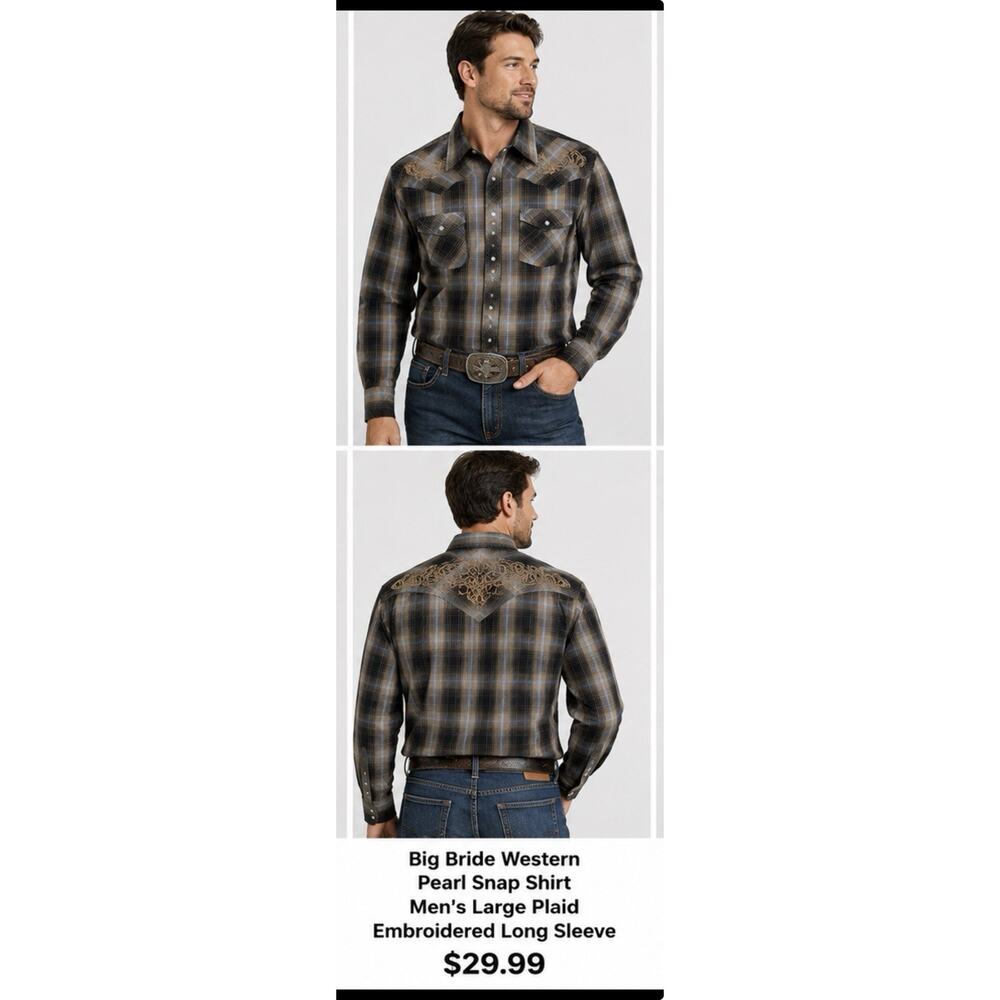 Bit & Bridle Western Pearl Snap Shirt Men’s Large Plaid Embroidered